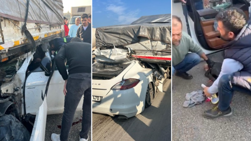 Bursa'da tırın altına giren lüks otomobil hurdaya döndü