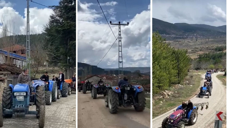 Bursa'da  komşu köye traktörlü bayram konvoyu
