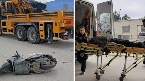 Vinç ile çarpışan motosiklet sürücüsü yaralandı