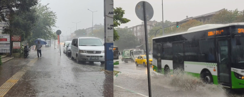 Bursa'da sağanak yağış sonrası yollar göle döndü